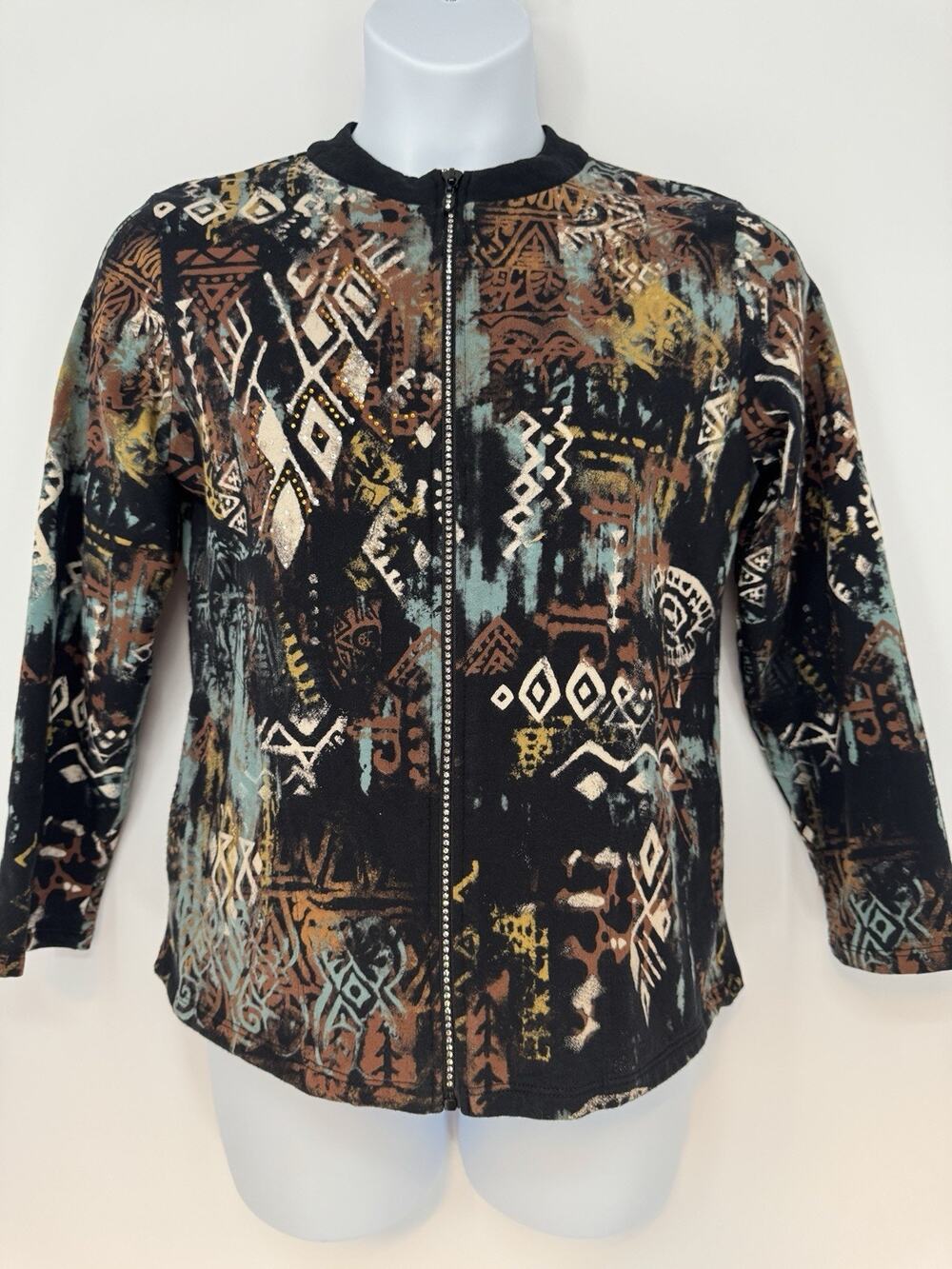 Jess & Jane Artsy Tribal Art Bedazzled Zipper Cardigan Women’s Size Medium